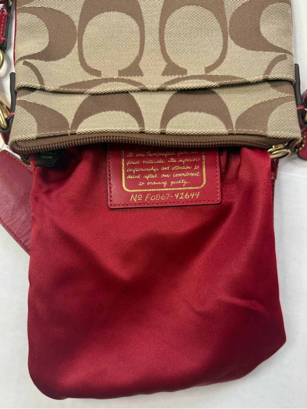 NWT Coach Signature Brown Canvas Crossbody Burgundy Red Stripe Leather Bag - Picture 8 of 8